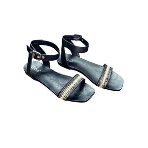 Diba‎ Raffia-N Black Ankle Strap Flat Sandals Square Toe Woven Geometric 8W